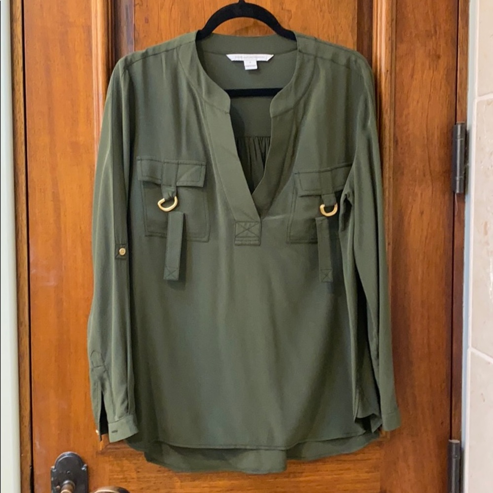 Diane von Furstenberg army green and gold blouse